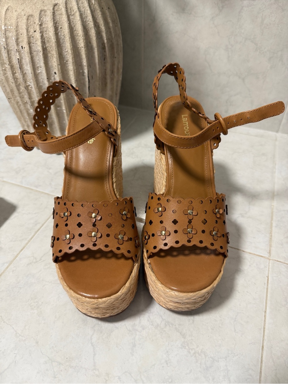 Larroude Brown Laser-Cut Espadrille Platform Wedges
